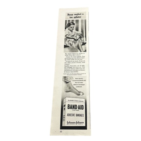 Vintage 1948 Johnson and Johnson Band-Aid Print Ad Never Neglect a Toe Splinter - Picture 1 of 5